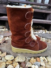 Vtg 70s 80sWomen's Suede Leather Boots Sz 6.5 Sherpa Shearling Tie Lace-up Wedge