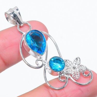 Swiss Blue Topaz Gemstone 925 Sterling Silver Handmade Jewelry Pendant ...
