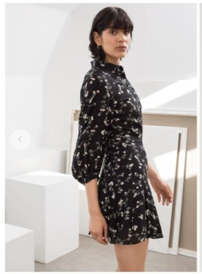 NWT Other Stories Floral Long Sleeve Mini Dress Black White