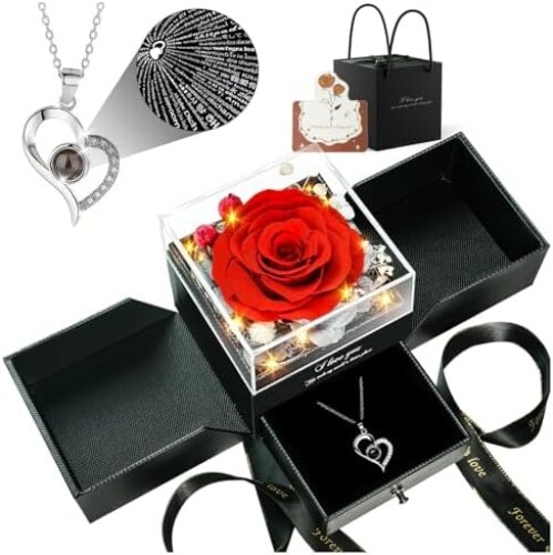 Mother's Day Gifts Real Rose and I Love You in 100 Languages Heart Necklac
