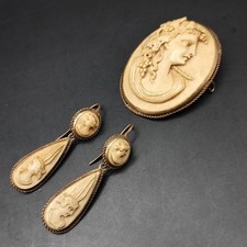 Lava Kamee Tropfen Ohrringe & Brosche Set Antik Grand Tour ? 19.Jhd Biedermeier 