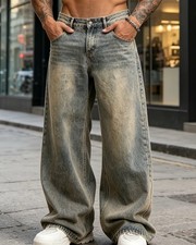 Mens Baggy Wide Leg Denim Jeans Faded Blue Washed Skater Streetwear