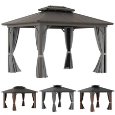 Outsunny Metal Roof Hardtop Gazebo w/ Curtains & Netting