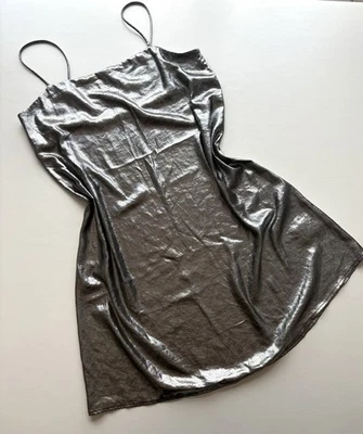 Sparkle & Fade Silver Metallic Satin Slip Dress XS Square Neck Strappy Mini - Image 1 of 4