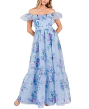 B Darlin Juniors' Floral Off-the-Shoulder Ruffle Gown - Blue/purple, sz 1/2
