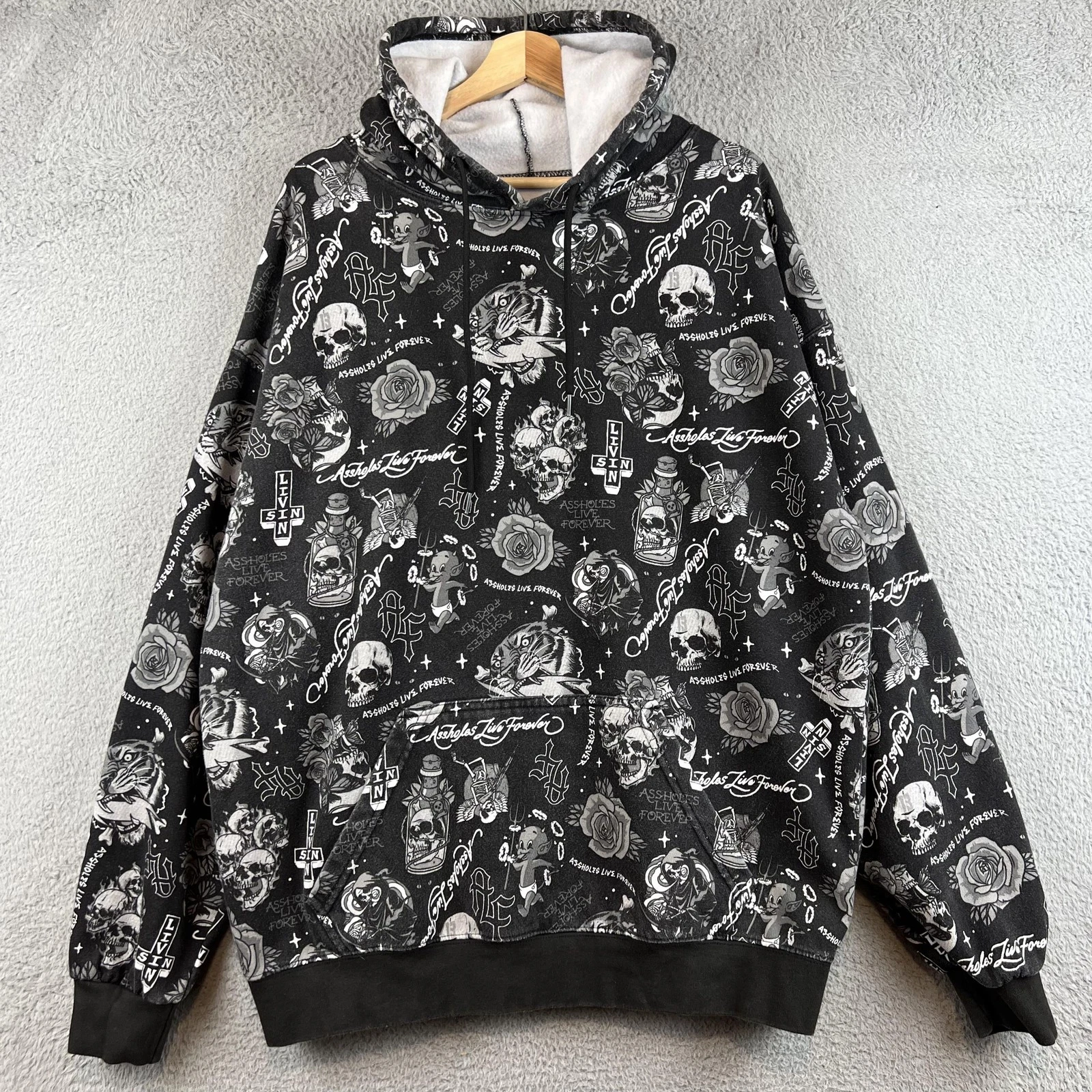 Y2K Live Forever Hoodie Mens XL Black Allover Graphic Skull Tattoo Gothic