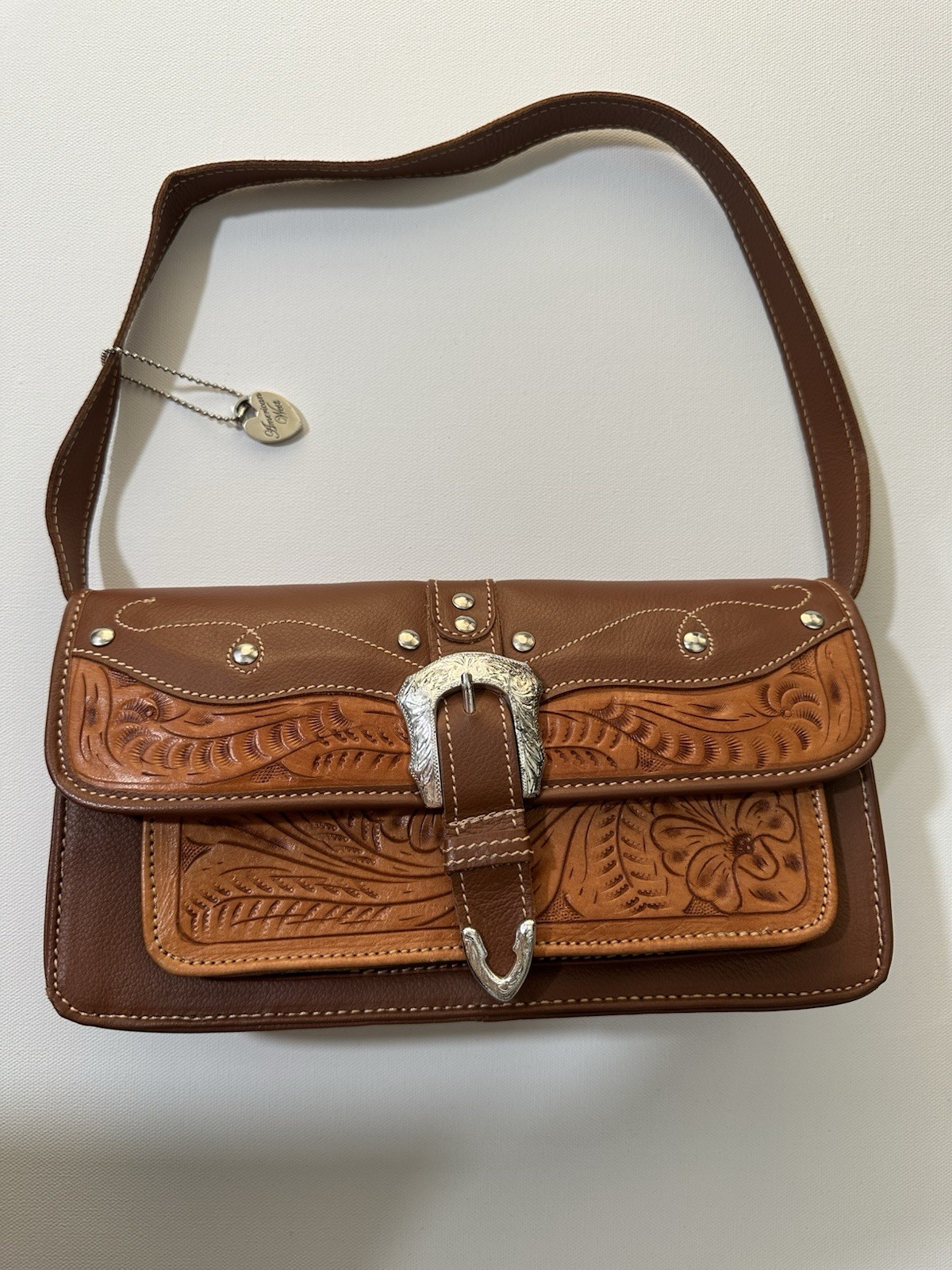American West Western Tooled Leather Shoulder Bag Brown Silver Buckle