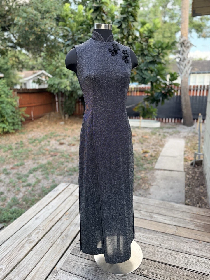 Maxi Vestido Vintage Años 70 Plateado Lurex Cheongsam Hendidura Foto 3 de 4