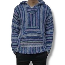 Baja Joe Hoodie Authentic Mexican Blue Multi Color Striped Woven Pullover OS/XL