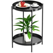Tray End Table - Metal Side Table 2 Tier Nightstand Round Accent Coffee Table...
