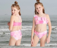 Justice Girls 2 Piece Sz XL 16-18 Ruffle Shoulder Tie Dye Bikini Swimsuit, PINK