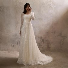 Sparkling A-Line Wedding Dress with Boat Neck and Long Sleeve Covered in Sequins