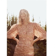 byTimo Chiffon Rouch Mini Dress Sheer Flowers Size XS Puff Sleeves