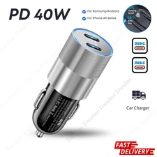 12V USB C Car Phone Fast Charger Plug 40W Dual Type C Adapter Cigarette Lighter