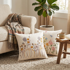 Embroidered Throw Pillow Cover, Nordic Wildflower Honeybee Floral Cushion Case