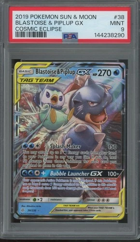 2019 Pokemon Sun & Moon Cosmic Eclipse #38 Blastoise & Piplup GX Mint PSA 9