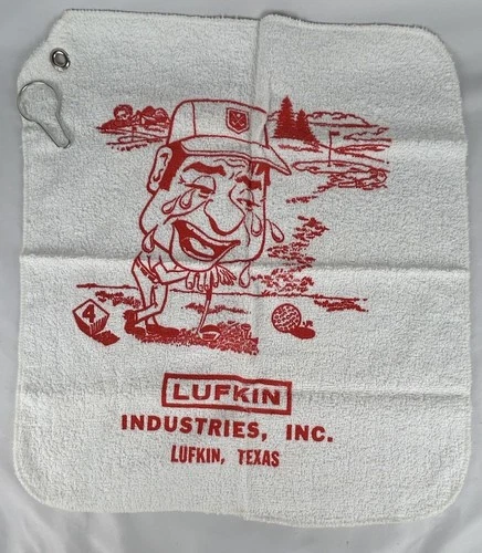 Vintage Lufkin Industries Golf Towel White Texas Advertising Clip Crying Golfer