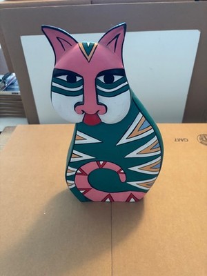 Laurel Burch Wooden Cat Figure - Green and Pink, 12 Inches Tall