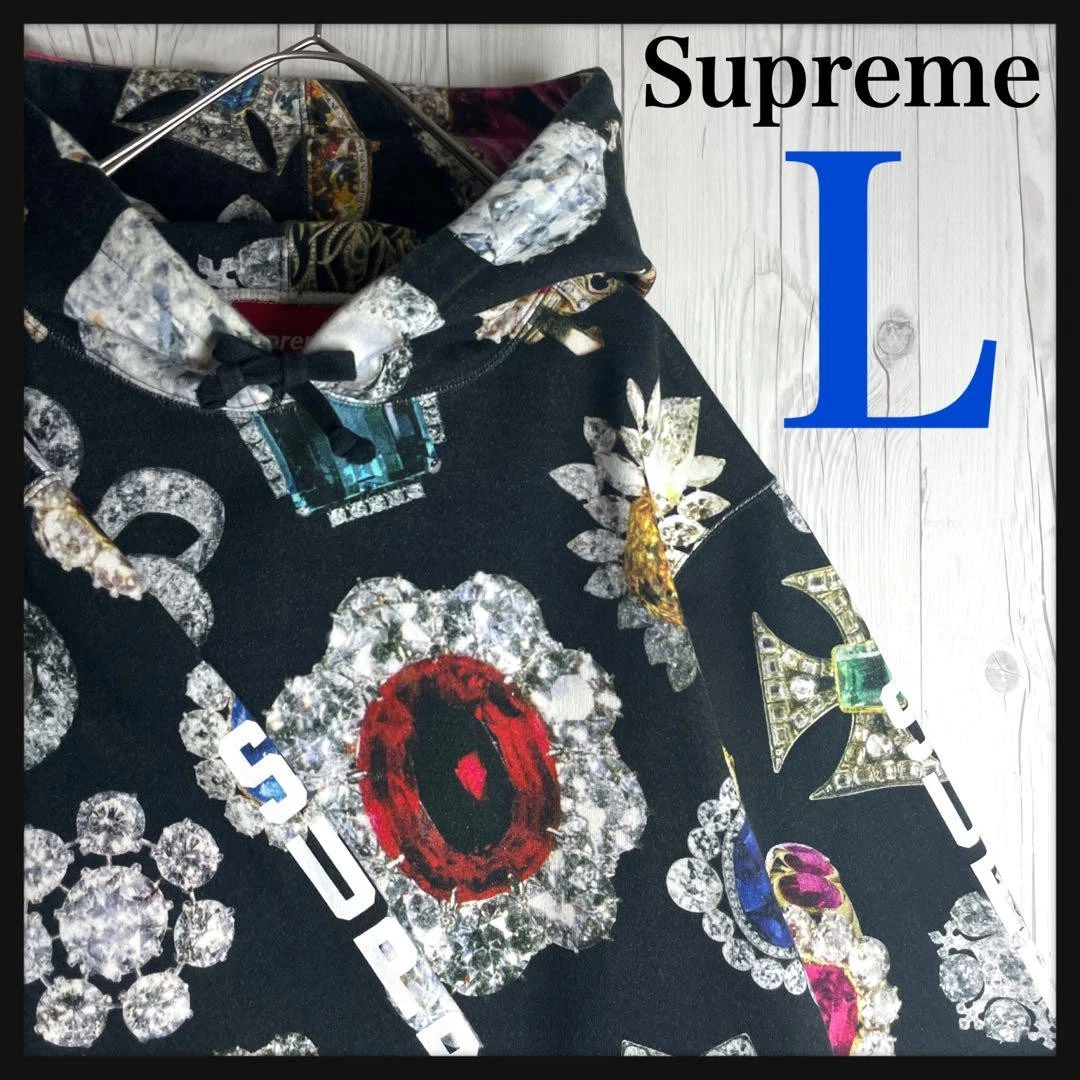 Sweat à capuche homme Supreme L motif intégral manches bijoux logo noir emblématique streetwear