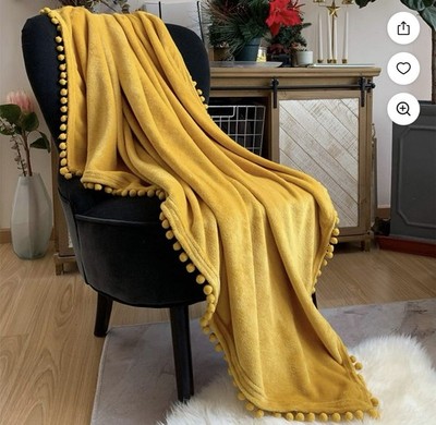 LOMAO Flannel Blanket w/Pompom Fringe Cozy Blanket Soft Throw 46  x 36  Yellow