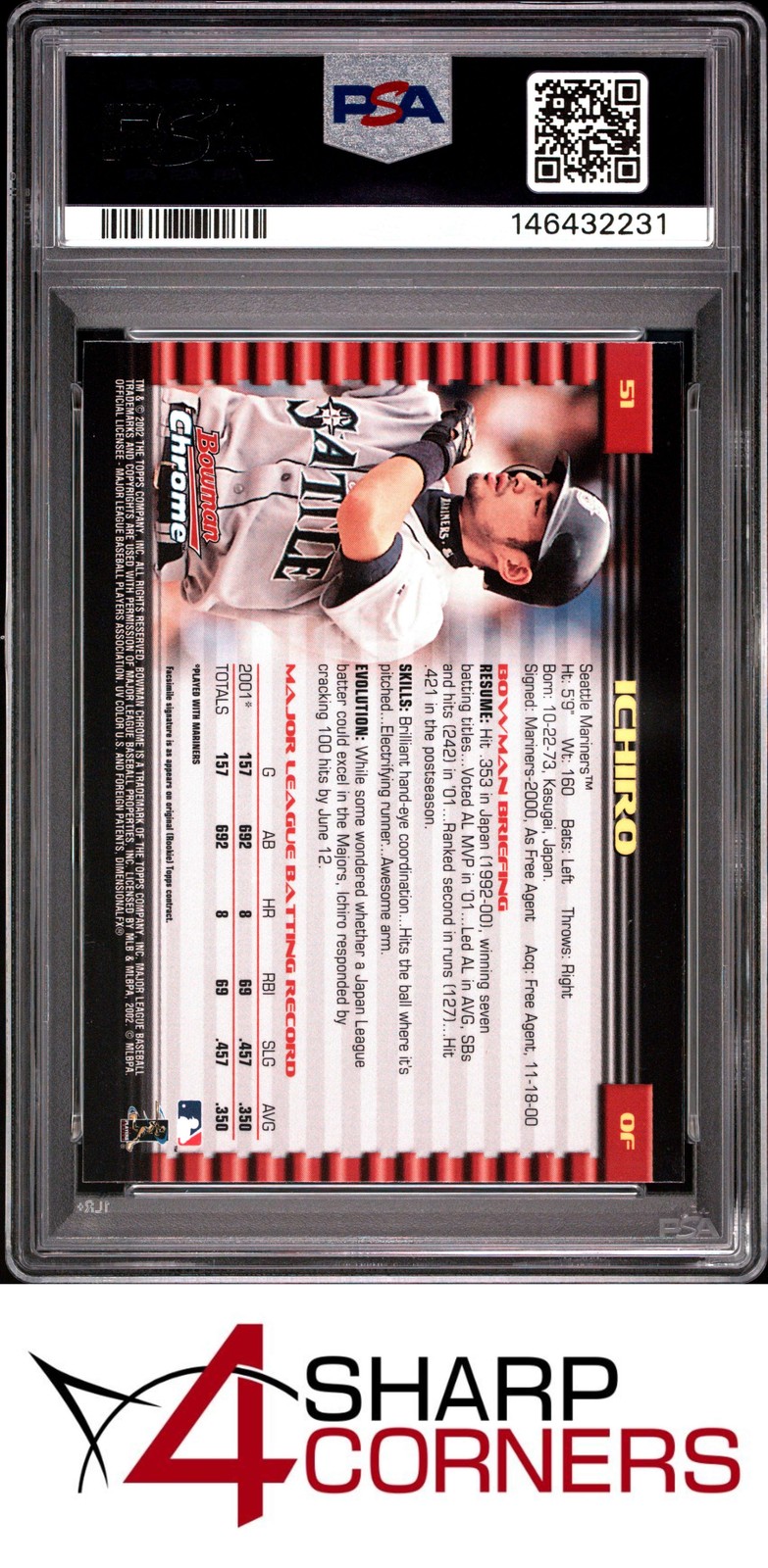 2002 BOWMAN CHROME #51 ICHIRO SUZUKI MARINERS PSA 9 view 2