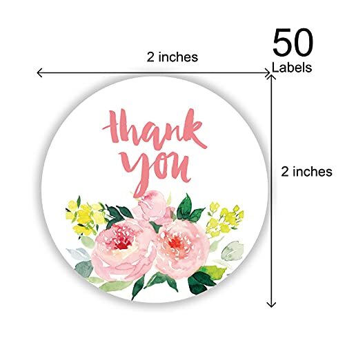 Pink Flower Thank You Stickers, 2 inch 50PCS SelfAdhesive Thank You