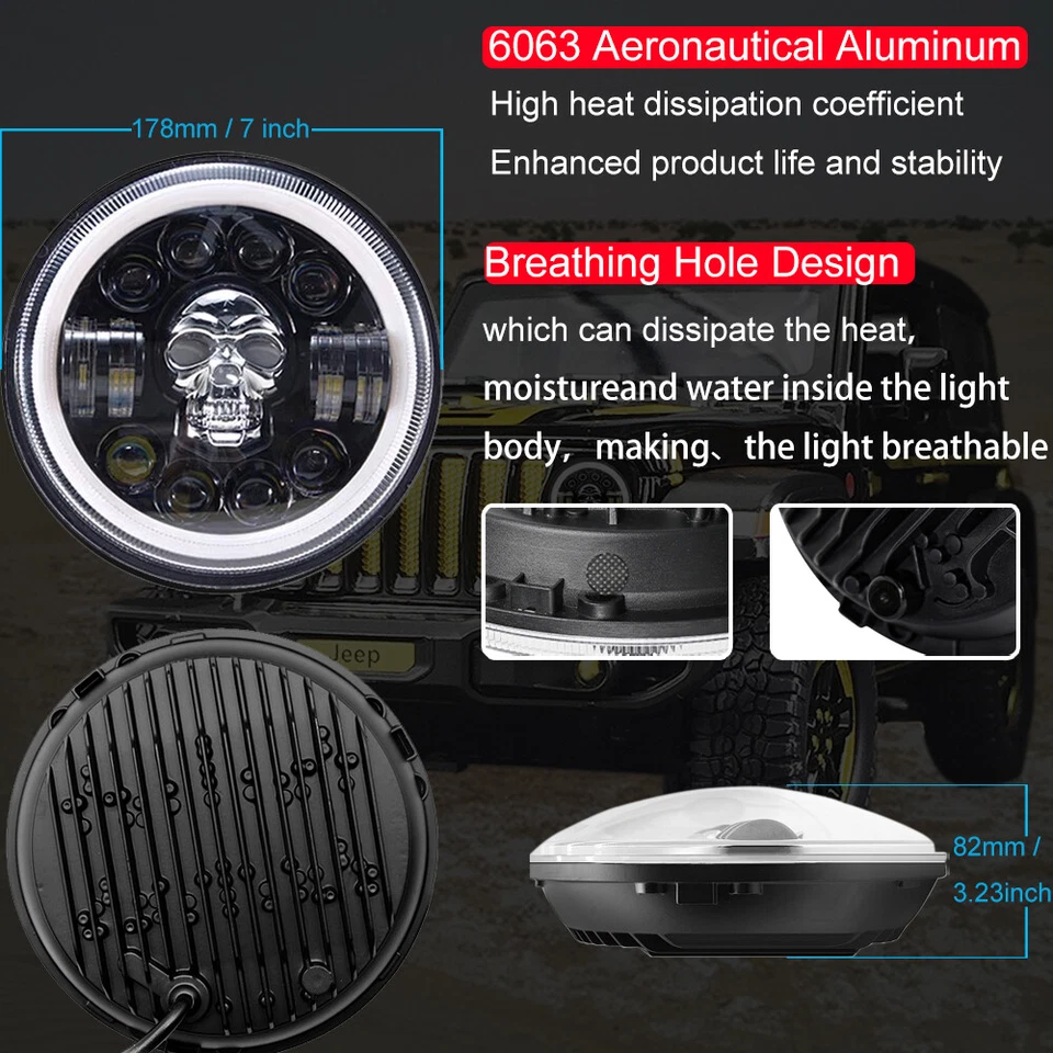 Faro LED calavera 7" ojos de ángel para motocicleta Harley-Davidson Honda Yamaha EE. UU. Foto 4 de 4