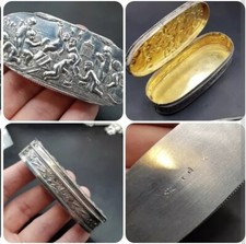 Antique Dutch Ornate Silver Box. Cherub Scene. Pill Snuff Trinket. Gilt Inlay 