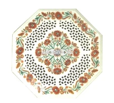 Marble Coffee Filligree Table Top Hakik Gems Floral Inlaid Beautiful Decor H3907
