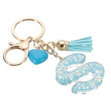 Initial Letter Keychain, Heart Design Charm with Tassels Letter S Blue