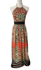 Eliza J Floral Striped Halter Maxi Dress Size 2 Bright Gold Chain Neckline GUC