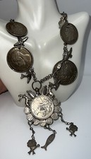 "Impresionante collar cadena étnica arte moneda 28"" 1 peso Rafael Carrera Guatemala 185 g"