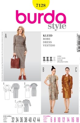 Burda Style Miss Sheath Dress W/Neckline Variation Sewing Pattern 7128 Size 6-18