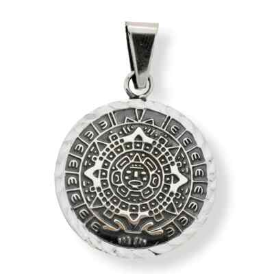 Flacher aztekischer Maya Kalender Anhänger oxidiert 925 Sterlingsilber Diamantschliff