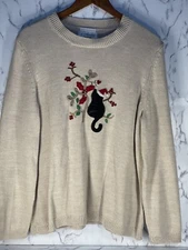 Vintage CJ Banks Women’s Hand Embroidered Cream Holiday Cat Sweater Size 1X