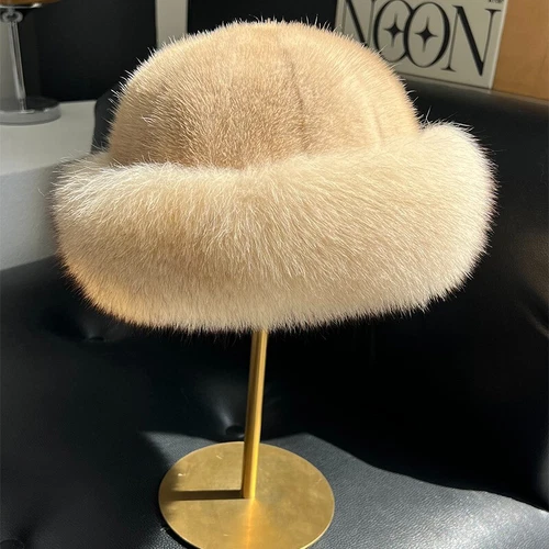 Women's Real Mink Fur Hat Bucket Hat Bowler Hat Warm Cap W Fox Fur Outdoor - Picture 13 of 44