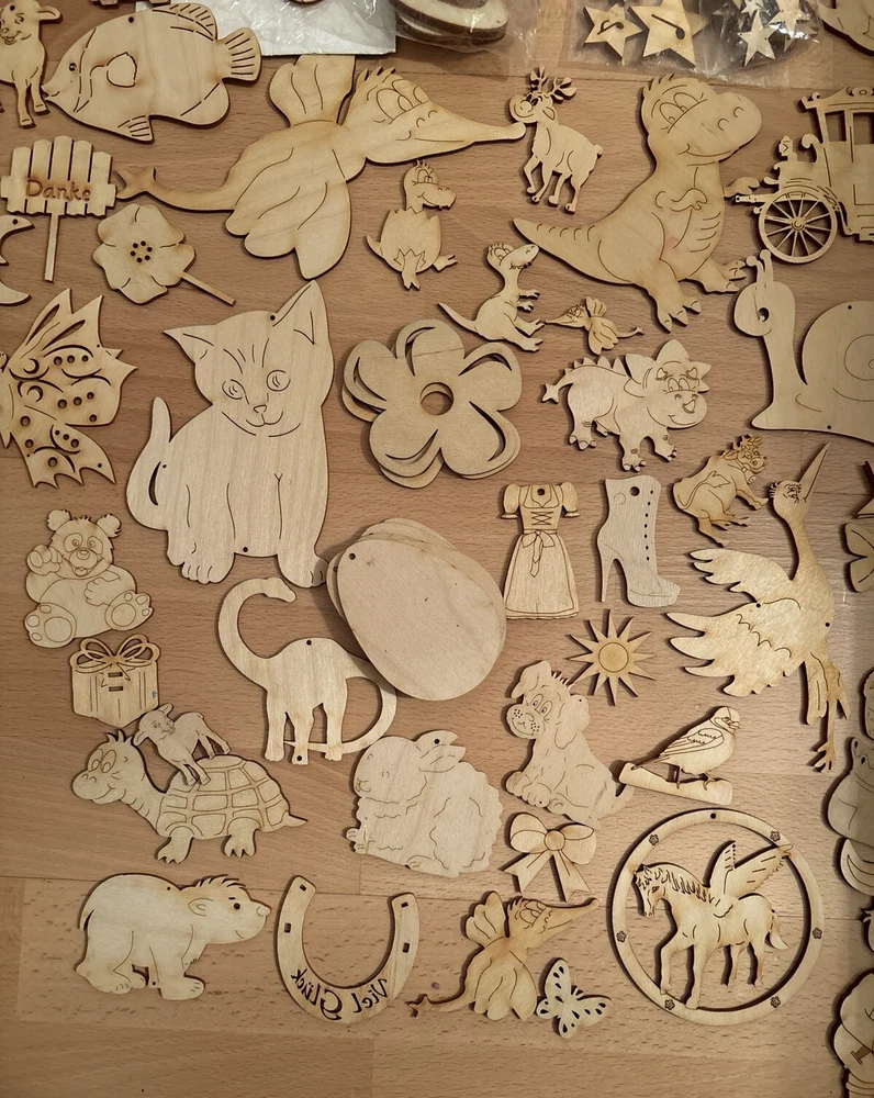 Holzteile zum Basteln, Bemalen Dekorieren über 110 Teile z. B. Katze, Dino
