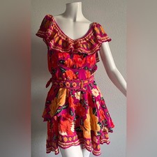 FARM Rio Pink Flowers Tapestry Mini Dress Small Tropical Ruffle