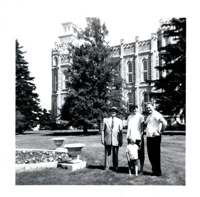 Vintage Postcard Real Photo Family Group Gothic Building Campus Grounds 1940s