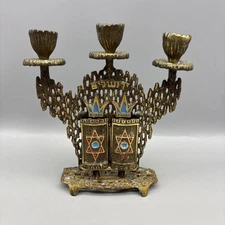 Vintage Brass Hen Holon Shabbat Candlestick Holder Ten Words