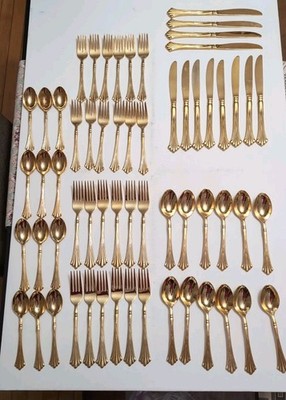 WM ROGERS ENCHANTED GOLD PLATED FLATWARE 60 PCs 12 Place Settings