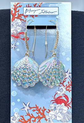 Betsey Johnson Seashell Dangle Earrings Iridescent Gold Tone Crystal NEW