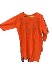 Women  s Orange Cotton Indian Tunic Kurti With Lucknow Embroidery