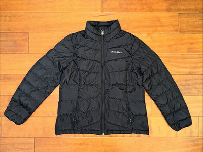 Eddie Bauer Chevron Down Jacket Womens Large Black Puffer Quilted Windbreaker