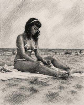 Famous 1950s Model Bettie Page Beach Bikini Charcoal Sketch Art Print 6x8