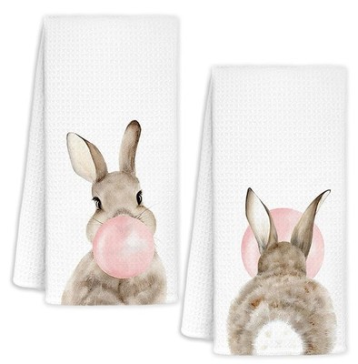 Pink Bubblegum Rabbit Bunny Kitchen Dish Towels Set of 2, Bunny Gifts for Wom...