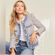 Veronica Beard Esten Jacket Tweed Contrast Trim Blue Red Multi Blazer Size 2