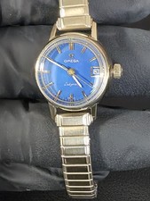 Vintage Omega Ladymatic Watch- 14K Gold Filled - Rare Cobalt Blue Sunburst Dial-