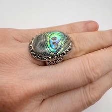 CFJ 925 Sterling Silver Abalone Ring Shell Filigree Marcasite Chunky Size 5 1/2