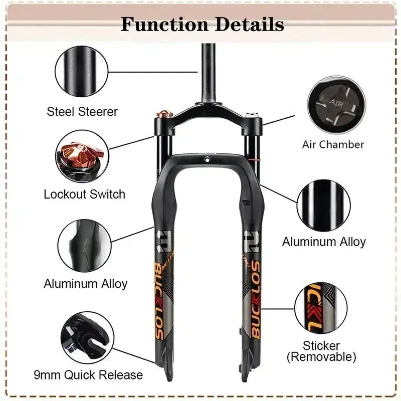 26in Fat Tire Mountain Bike Air Suspension Fork Quick Release Snow Bicycle Fork - Image 3 of 4